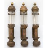 Three reproduction brass bulkhead mounting railway carriage lamps, each having copper