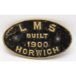 An oval brass Locomotive works-plate 'L.M.S built 1900 Horwich' .