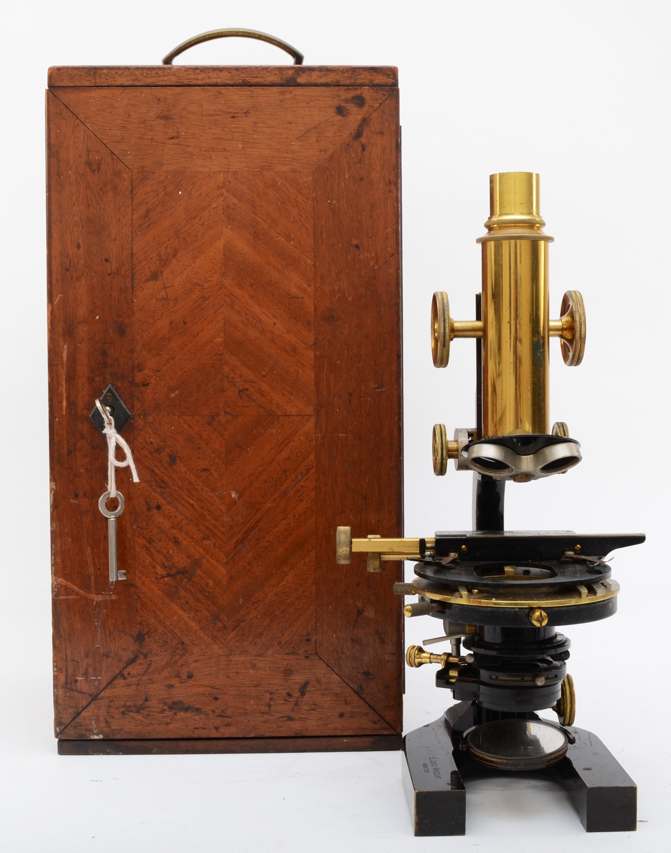 A W. Watson & Son microscope, E. Leitz Wetzler No 86735, brass, with five optics, slides, manual (