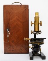 A W. Watson & Son microscope, E. Leitz Wetzler No 86735, brass, with five optics, slides, manual (