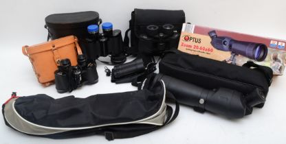 Four pairs of cased binoculars, together with a Optus spotting scope (boxed) and a tripod.