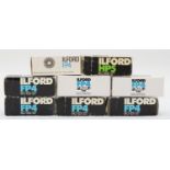 Eight rolls of Ilford 120 film, expired, to include seven rolls of Ilford FP4 (ISO 125) and one roll