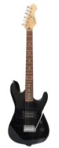 A Encore guitar, Stratocaster style body, single pickup, black colourway, gloss finish, 19 inch neck