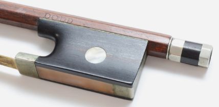 Dodd, a violin bow, the octagonal body with white metal adjuster, ebony and mother of pearl frog,