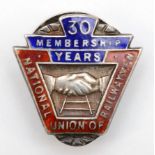 A silver and enamel 30 years membership, National Union of Railwaymen lapel badge, Birmingham