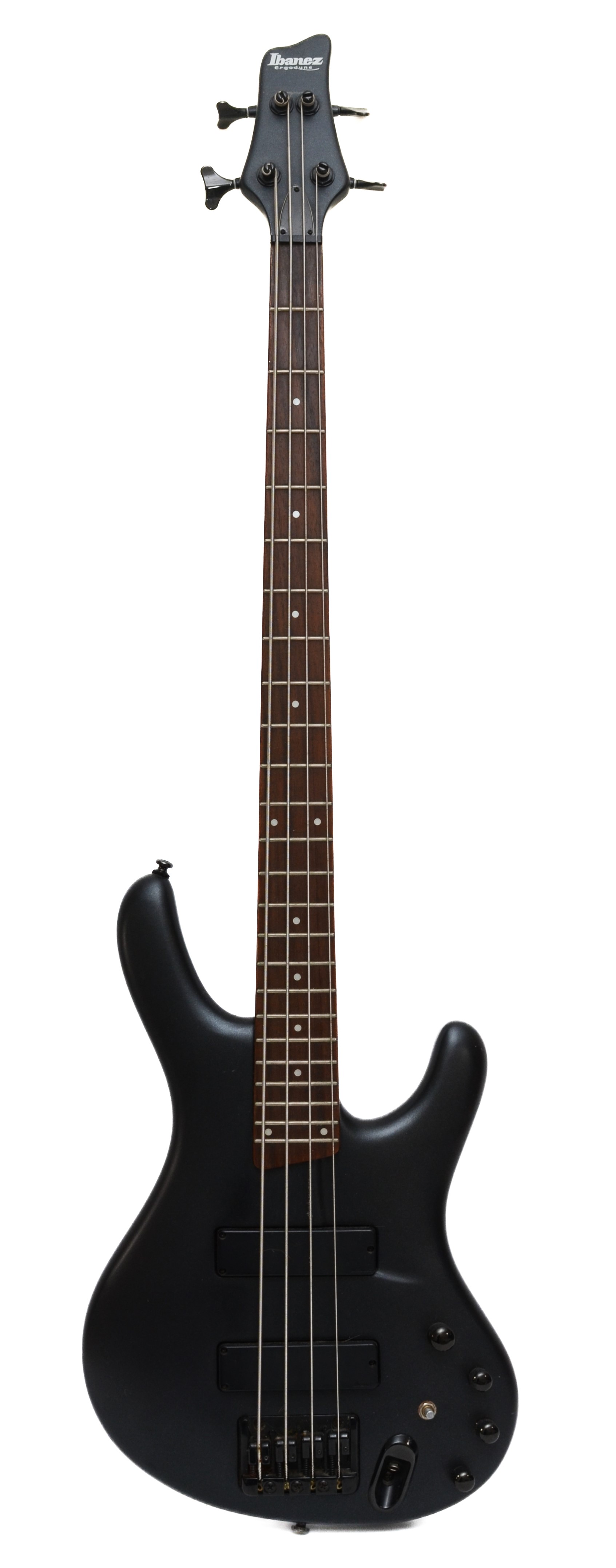A Ibanez Ergodyne bass guitar, twin Ibanez pickups, black colourway, matt finish, 27inch neck length
