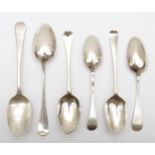 Six George II and later Old English pattern table spoons, mainly bottom marked 349gm