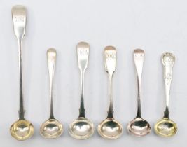 A William IV silver mustard spoon with monogrammed finial, London 1833, together with five George