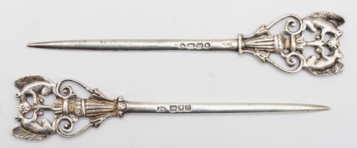 A Victorian silver skewer, London 1865, with cast squirrel terminal, 12.5cm and another London 1897,