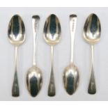 A George III set of five silver tea spoons, London 1827, monogrammed Fiona, 75gm.
