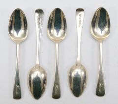 A George III set of five silver tea spoons, London 1827, monogrammed Fiona, 75gm.