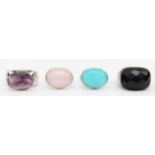 Four silver gemset rings to include a rose quartz example, size N-O, 34gm.