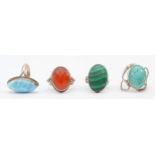 Four silver gemset cabochon rings, sizes P, L, K, N, 28gm.