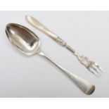 A Victorian silver serving spoon, Newcastle 1851, 64g, together a Victorian silver pickle fork, with