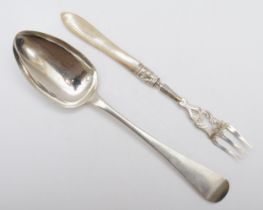 A Victorian silver serving spoon, Newcastle 1851, 64g, together a Victorian silver pickle fork, with