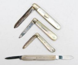 Three silver mother of pearl handled fruit knifes, Sheffield 1921, Sheffield 1891, Sheffield 1908,