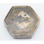 A Middle Eastern silver trinket box with scenic decoration, 8.5 x 3cm, 109gm.