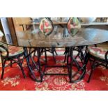 A painted bent wood and glass dining room table, 107 x 162 x 73cm, with 6 chairs.