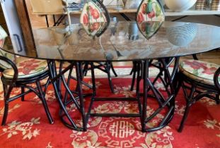 A painted bent wood and glass dining room table, 107 x 162 x 73cm, with 6 chairs.