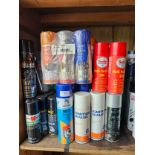 A large quantity of multi purpose aerosol cans and cleaning fluids.