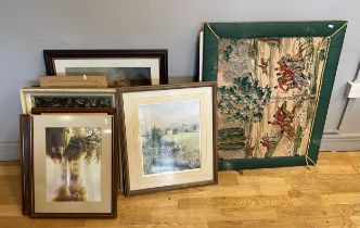 A collection of pictures to include oils, prints, textile.