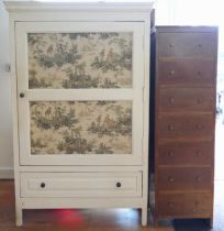 A painted mahogany linen cupboard, single door opening to reveal three fitted shelves above a long