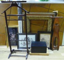 A group of furniture to include a shoe stretcher and paintings.