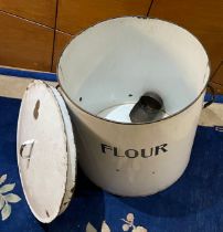 A substantial early 20th century enameled flour bin with lid, 50cm x 50cm