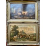 Two gilt framed prints on canvas of farm yard scenes, 68 x 43.