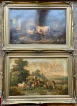 Two gilt framed prints on canvas of farm yard scenes, 68 x 43.