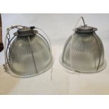 A pair of 30cm diameter holophane industrial ceiling lamp shade, with glass base and fittings,