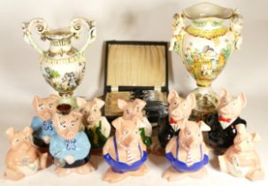 A collection of Natwest pig piggy banks and Capodimonte ceramics.