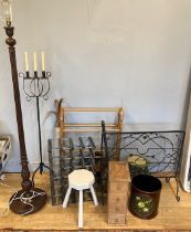 A collection of homewares, to include a turned wood standard lamp, a wrought iron candlestick stand,