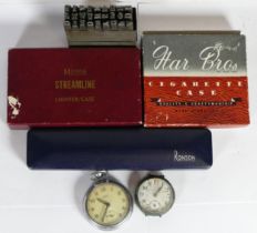 A group of collectibles to include A Ronson Penciliter, a cigarette case and two watches.