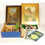 A group of items to include vintage Christmas decorations and two paintings.