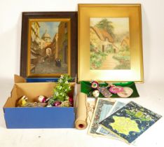 A group of items to include vintage Christmas decorations and two paintings.