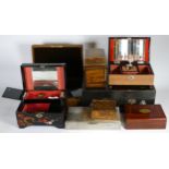 A collection of wooden boxes to include Tunbridge ware, together with advertising tins.