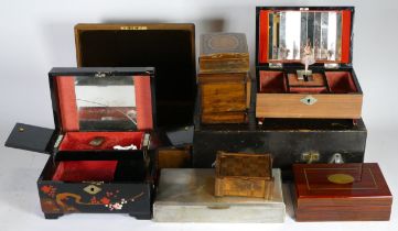 A collection of wooden boxes to include Tunbridge ware, together with advertising tins.