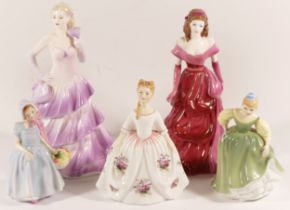 Three Royal Doulton figurines, together with two larger Coalport figurines. (5)