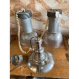 A pair of industrial style ceiling lights, with fluted shades, 45cm long, together with a polished