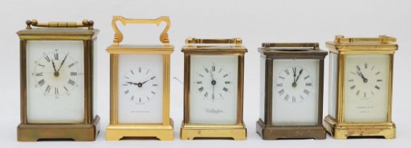 Five brass cased 8 day carriage clocks, spares or repairs.