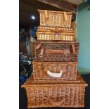 Five lidded wicker hampers and baskets. Hamper 60 x 38 x 28cm Hamper 34 x 26 x 16cm Picnic baskets