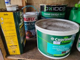 2 x 5 litre Baufix woodstain, 5 litre wood preserver and 2 tubs of garden paint.