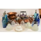 A collection of plated & glassware's to include copper jardinières, ashtrays, bowls, a Le Creuset