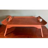 A mid 20th century teak and ply tea tray 'The Centurion' having fold out supports with makers