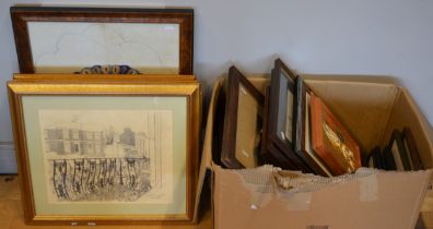 A collection of prints and framed textiles.