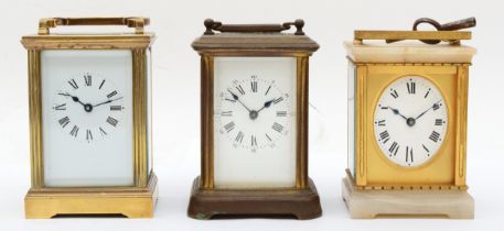 Three brass cased 8 day carriage clocks, spares or repairs.