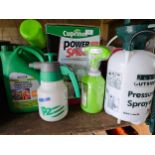 A Cuprinol sprayer, 3 x 5 litre timber treatment and other sprayers.