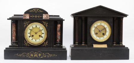 A Victorian black slate and marble chiming mantel clock, 34 x 28 x 13 cm, together with another