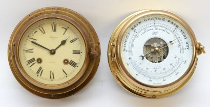 A Rapport brass cased ships clock, 16cm and a Lchats barometer.